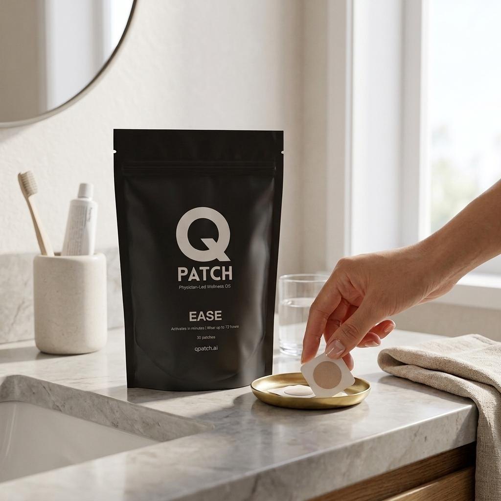 Hand lifting a patch from a brass dish beside a QPatch pouch on a marble counter